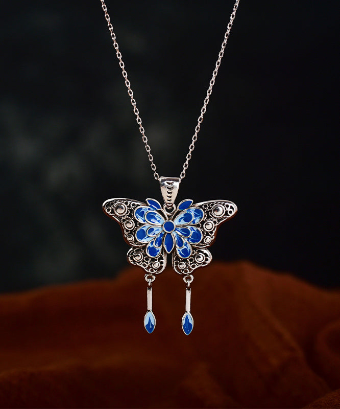 Retro Blue Sterling Silver Inlaid Enamel Butterfly Pendant Necklace