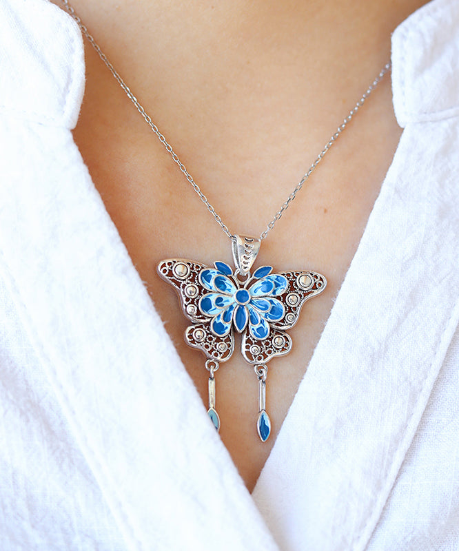 Retro Blue Sterling Silver Inlaid Enamel Butterfly Pendant Necklace