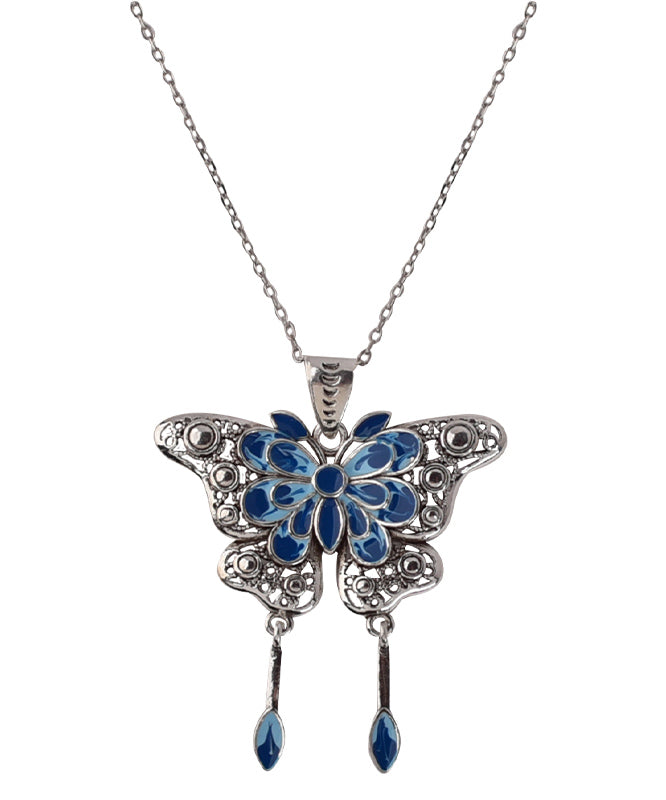 Retro Blue Sterling Silver Inlaid Enamel Butterfly Pendant Necklace