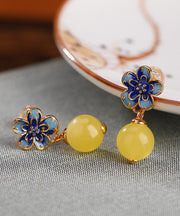 Retro Blue Sterling Silver Overgild Beeswax Floral Drop Earrings