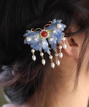 Retro Blue Sterling Silver Overgild Pearl Butterfly Tassel Hairpin