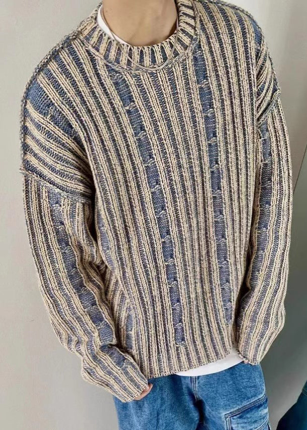 Retro Blue Striped Cozy Knit Men Sweater Spring