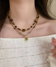 Retro Brown Bilayer Beading Tiger's Eye Pendant Necklace