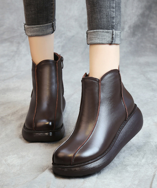 Retro Brown Cowhide Leather Splicing Platform Ankle Boots