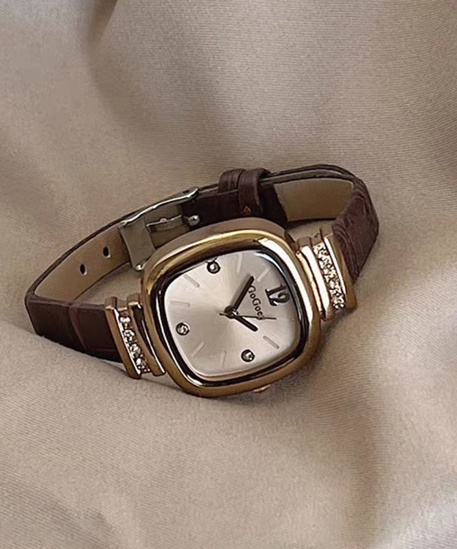 Retro Brown Leather Zircon Tempered Glass Watch