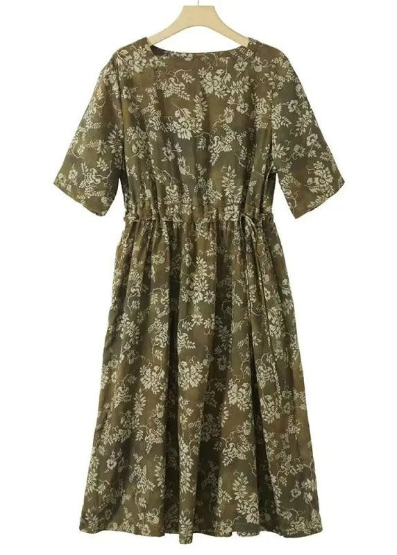 Retro Brown O Neck Print Patchwork Drawstring Cotton Dresses Summer