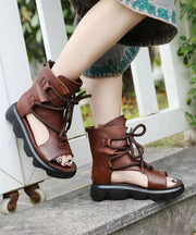 Retro Brown Peep Toe Lace Up Splicing Platform Boots