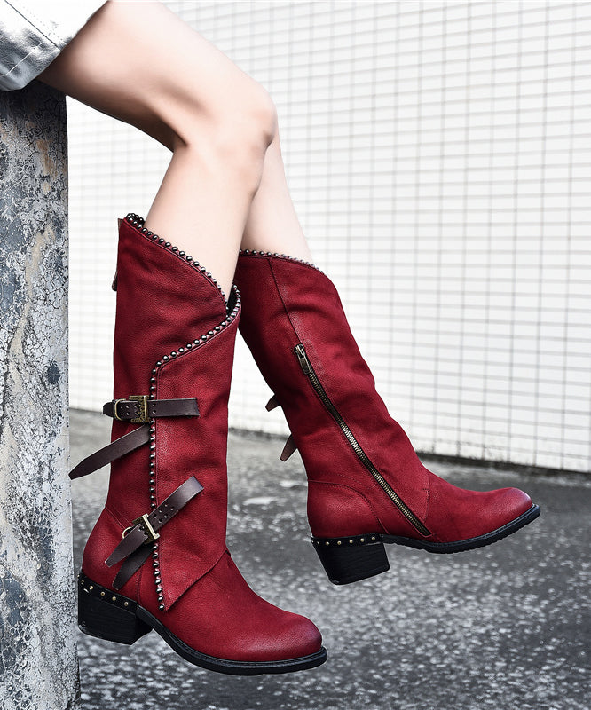 Retro Buckle Strap Zippered Splicing Chunky Boots Mulberry Suede