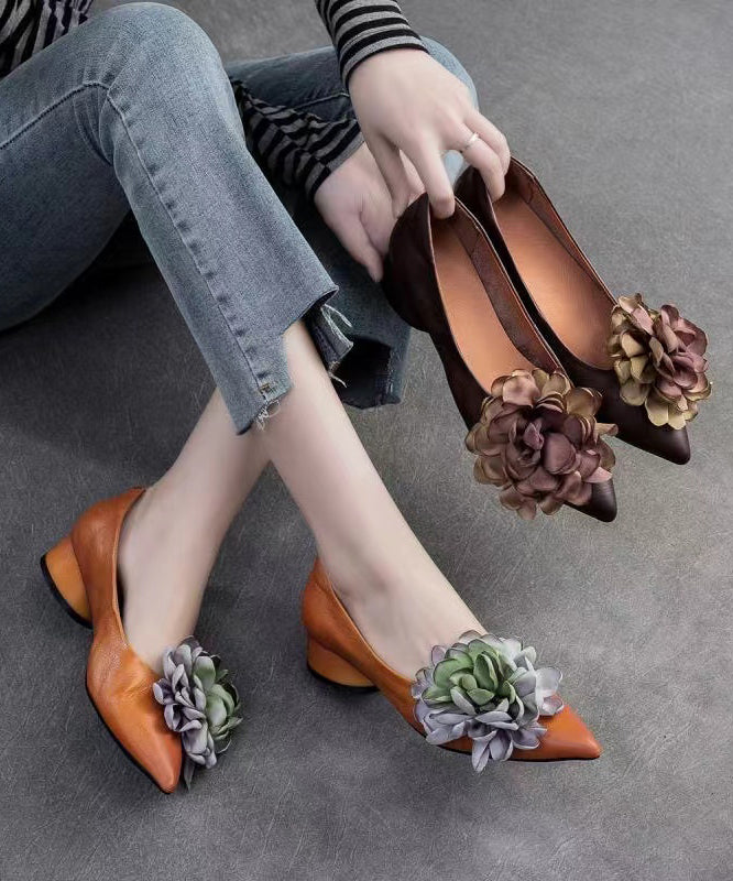 Retro Camel Floral Pointed Toe Cowhide Leather Flats Shoes