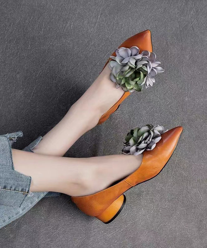 Retro Camel Floral Pointed Toe Cowhide Leather Flats Shoes