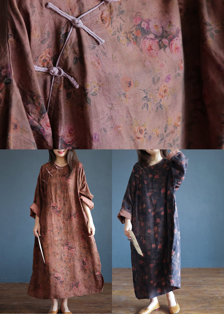 Retro Chestnut Print Button Linen Long Dress Spring