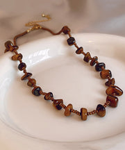 Retro Chocolate Alloy Tiger Eye Stone Beading Gratuated Bead Necklace