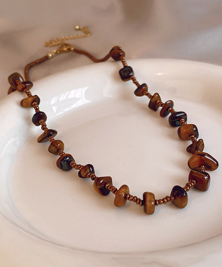 Retro Chocolate Alloy Tiger Eye Stone Beading Gratuated Bead Necklace