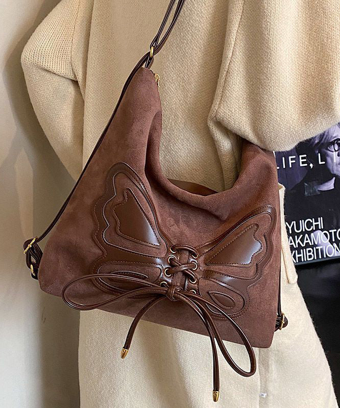 Retro Coffee Butterfly Lace Up Faux Suede Messenger Bag