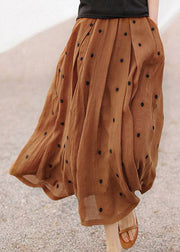 Retro Chocolate-Flower2 Print Pockets Linen Skirt Summer