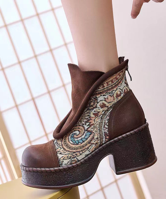 Retro Coffee Embroidered Splicing Chunky Heel Ankle Boots