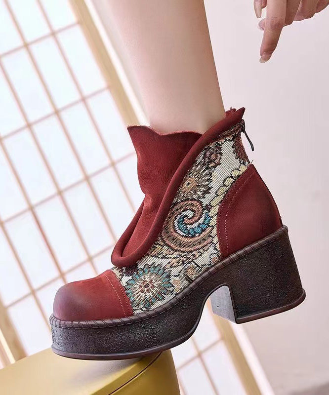 Retro Coffee Embroidered Splicing Chunky Heel Ankle Boots