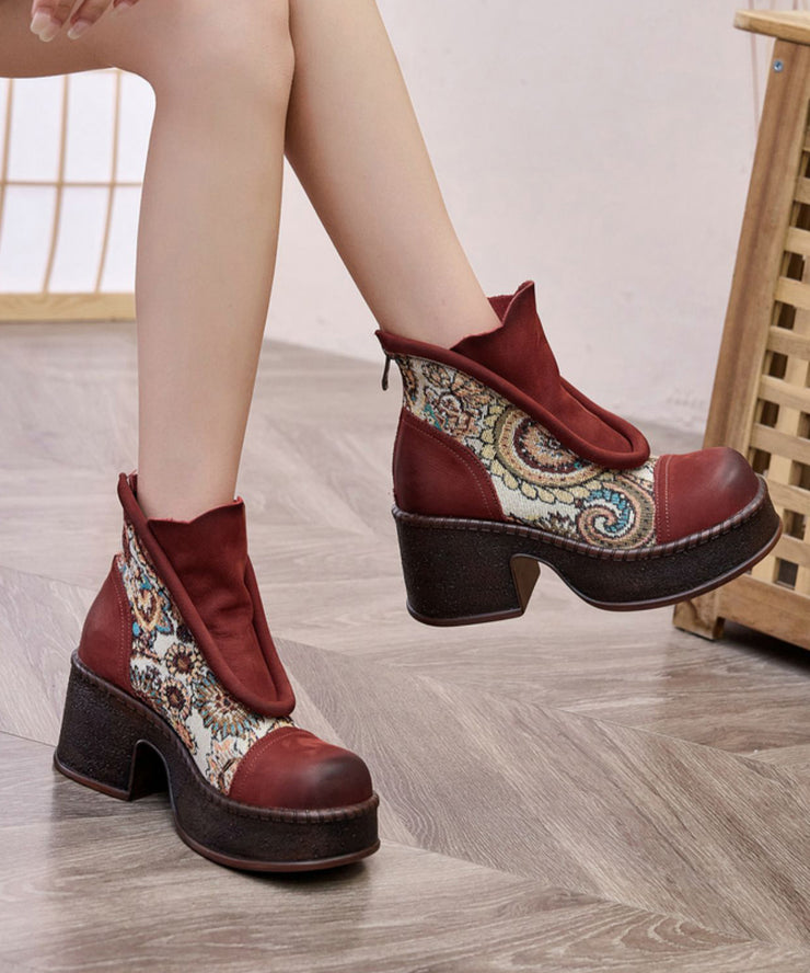 Retro Coffee Embroidered Splicing Chunky Heel Ankle Boots