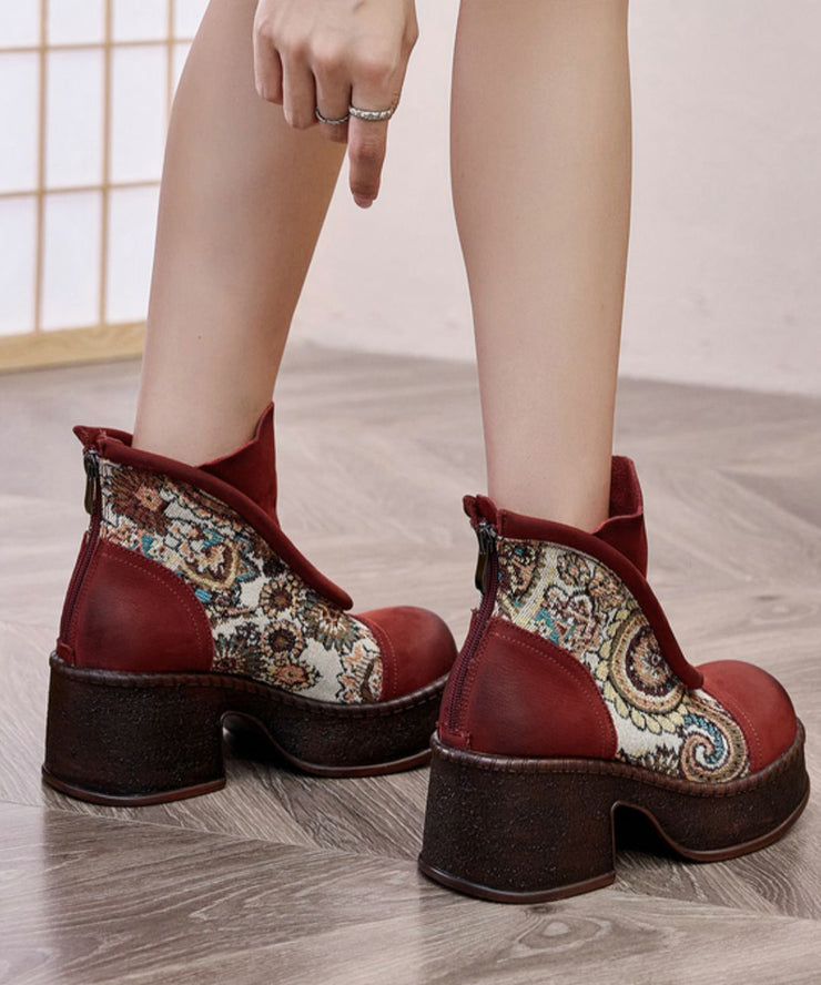 Retro Coffee Embroidered Splicing Chunky Heel Ankle Boots