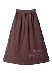 Retro Coffee Embroideried Pockets Corduroy Skirts Spring