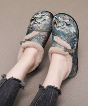 Retro Coffee Embroidery Flat Shoes Splicing Fuzzy Wool Lined