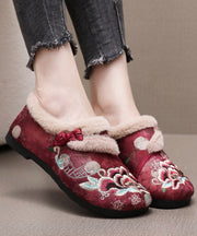 Retro Coffee Embroidery Flat Shoes Splicing Fuzzy Wool Lined