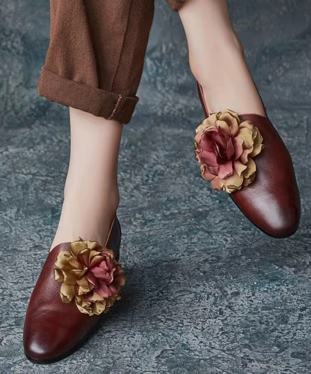 Retro Coffee Floral Splicing Loafer Shoes Cowhide Leather Pointed Toe