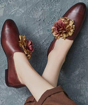 Retro Coffee Floral Splicing Loafer Shoes Cowhide Leather Pointed Toe