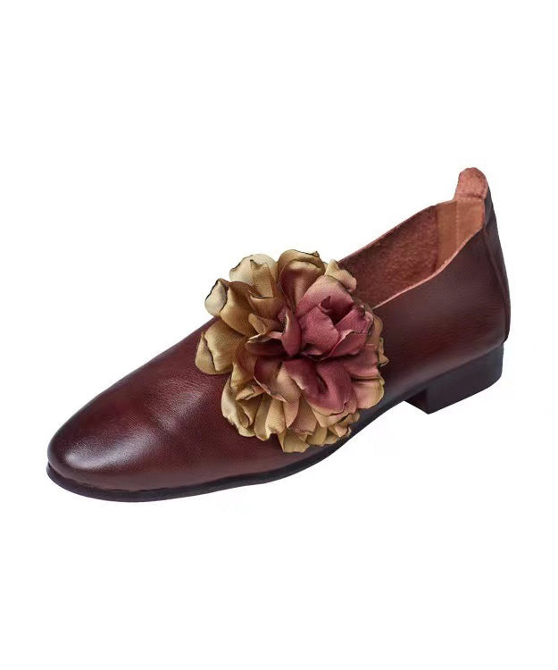 Retro Coffee Floral Splicing Loafer Shoes Cowhide Leather Pointed Toe