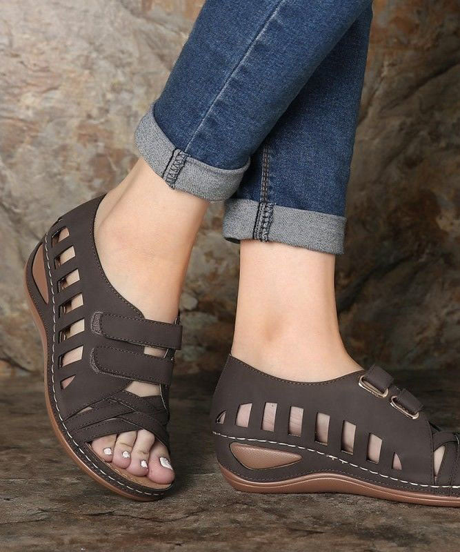 Retro Coffee Hollow Out Splicing Peep Toe Sandals Faux Leather