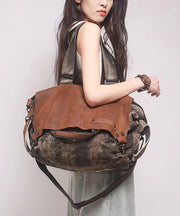 Retro Coffee Large Capacity Calf Leather Patchwork Canvas Satchel Bag Handbag