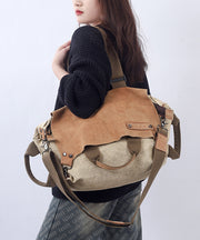 Retro Coffee Large Capacity Calf Leather Patchwork Canvas Satchel Bag Handbag
