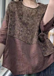 Retro Coffee O Neck Print Patchwork Linen Tops Half Sleeve