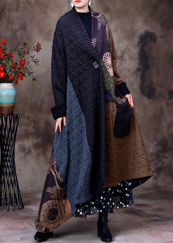 Retro Chocolate Patchwork Black Colour V Neck Asymmetrical Button Pockets Print Cotton Thick Maxi Coat Long Sleeve