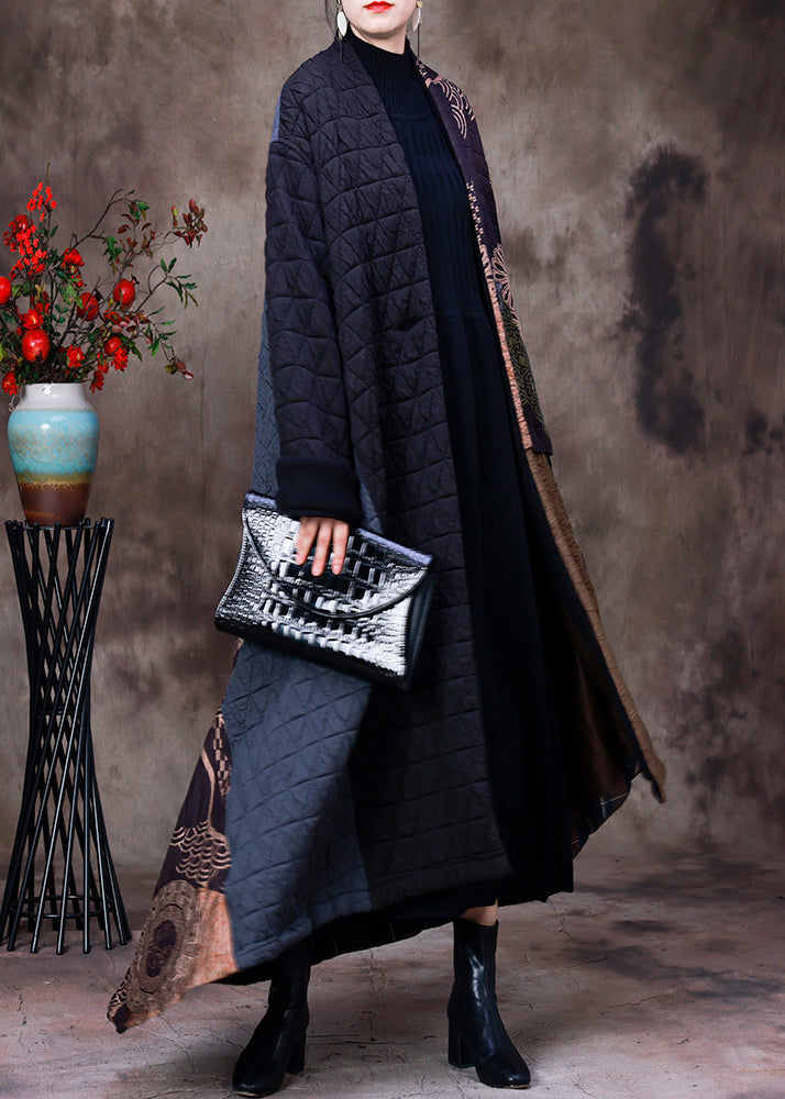 Retro Chocolate Patchwork Black Colour V Neck Asymmetrical Button Pockets Print Cotton Thick Maxi Coat Long Sleeve