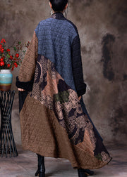 Retro Chocolate Patchwork Black Colour V Neck Asymmetrical Button Pockets Print Cotton Thick Maxi Coat Long Sleeve