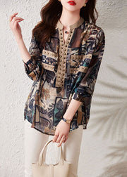 Retro Coffee Print Rivet Patchwork Cotton Shirts Top Long Sleeve