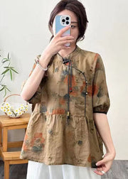 Retro Coffee Stand Collar Tasseled Print Patchwork Linen Top Summer