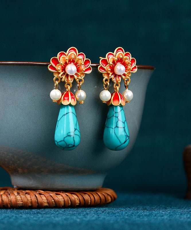 Retro Colorblock Ancient Gold Overgild Inlaid Pearl Enamel Floral Drop Earrings