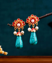 Retro Colorblock Ancient Gold Overgild Inlaid Pearl Enamel Floral Drop Earrings