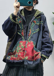 Retro Colorblock Embroideried Hooded Pockets Patchwork Coats Long Sleeve