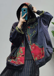 Retro Colorblock Embroideried Hooded Pockets Patchwork Coats Long Sleeve