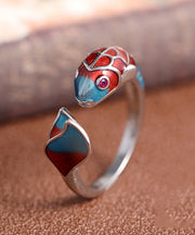 Retro Colorblock Open Sterling Silver Cloisonne Brocaded Carp Rings