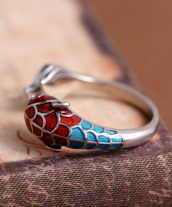 Retro Colorblock Open Sterling Silver Cloisonne Brocaded Carp Rings