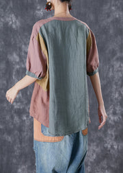 Retro Colorblock V Neck Patchwork Linen Shirt Tops Summer