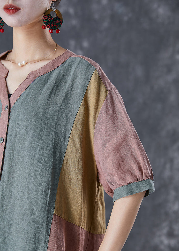 Retro Colorblock V Neck Patchwork Linen Shirt Tops Summer