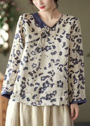 Navy Floral Linen Tops Long Sleeve