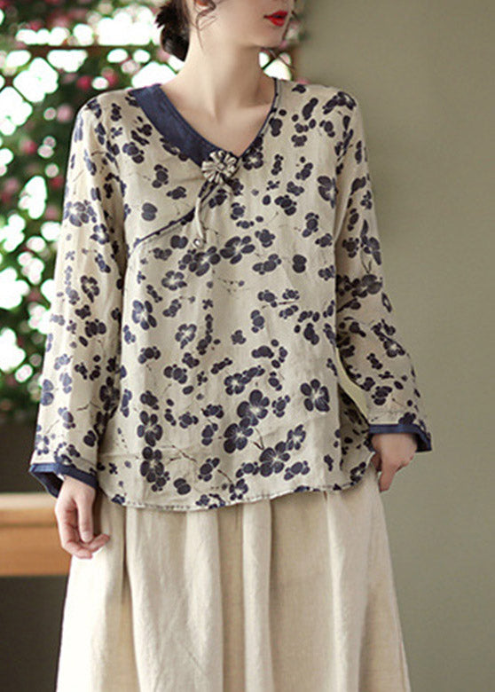 Navy Floral Linen Tops Long Sleeve