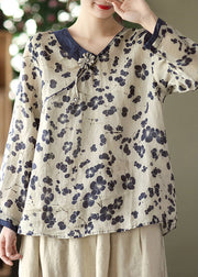 Navy Floral Linen Tops Long Sleeve