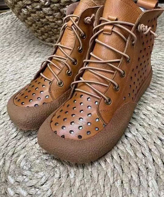 Retro Comfortable Brown Boots Splicing Hollow Out Lace Up